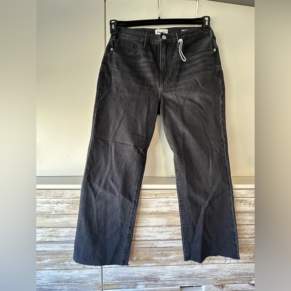 FRAME Le Jane Crop High Rise Straight Leg Black Raw Hem Jeans 29 NWT
